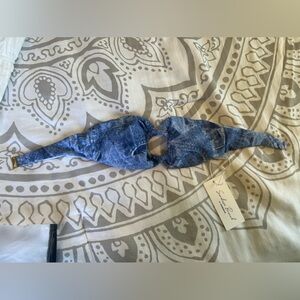 Denim Pattern Bandeau O Ring Style Top with Clasp Back Closure